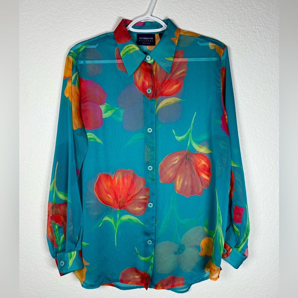 Vintage Liz Claiborne Liz Sport Sheer Floral Tropical Button-Up Blouse - P Small